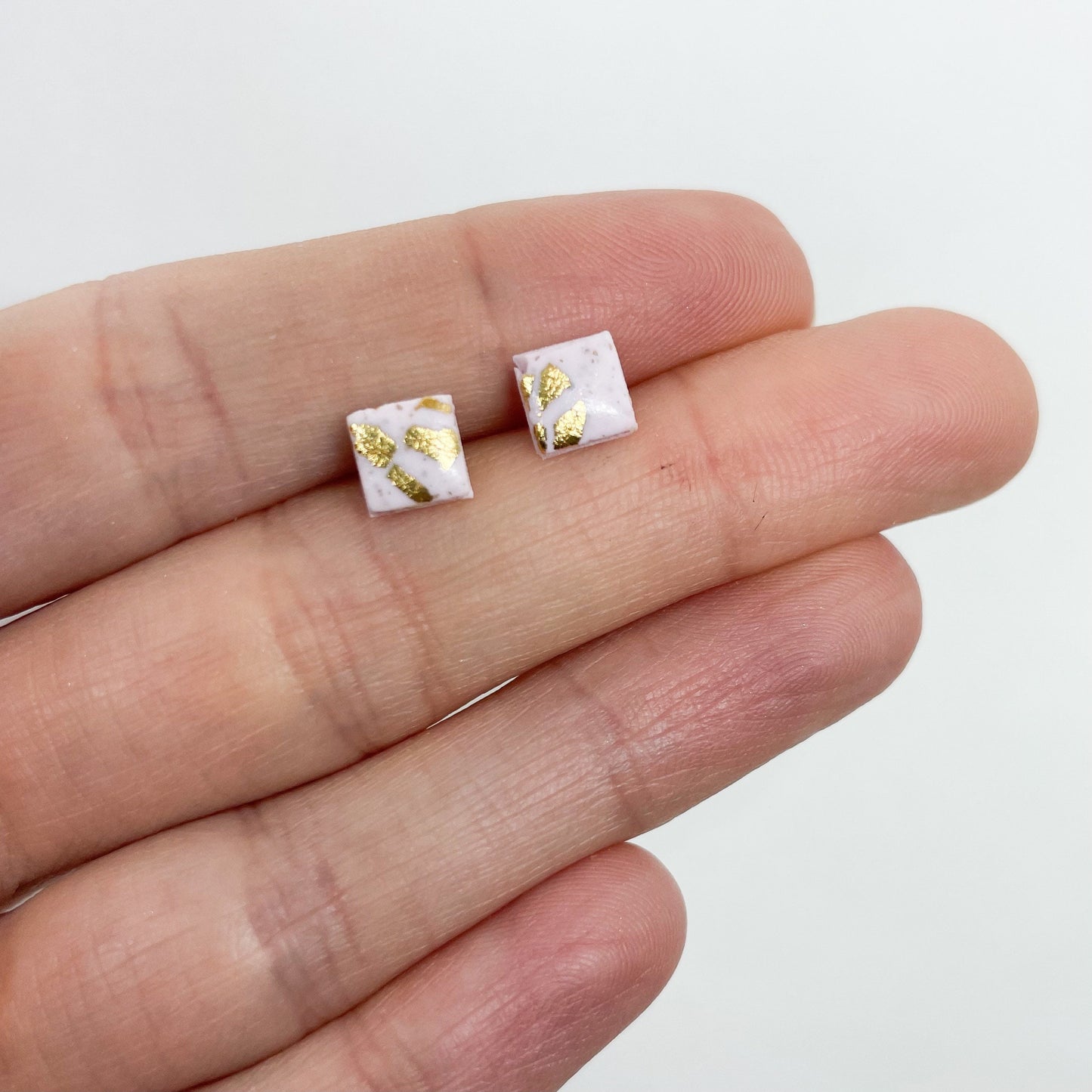 Tiny polymer clay stud earrings, pink and gold leaf, best friend birthday gift, galentine’s gift, Valentine’s gift