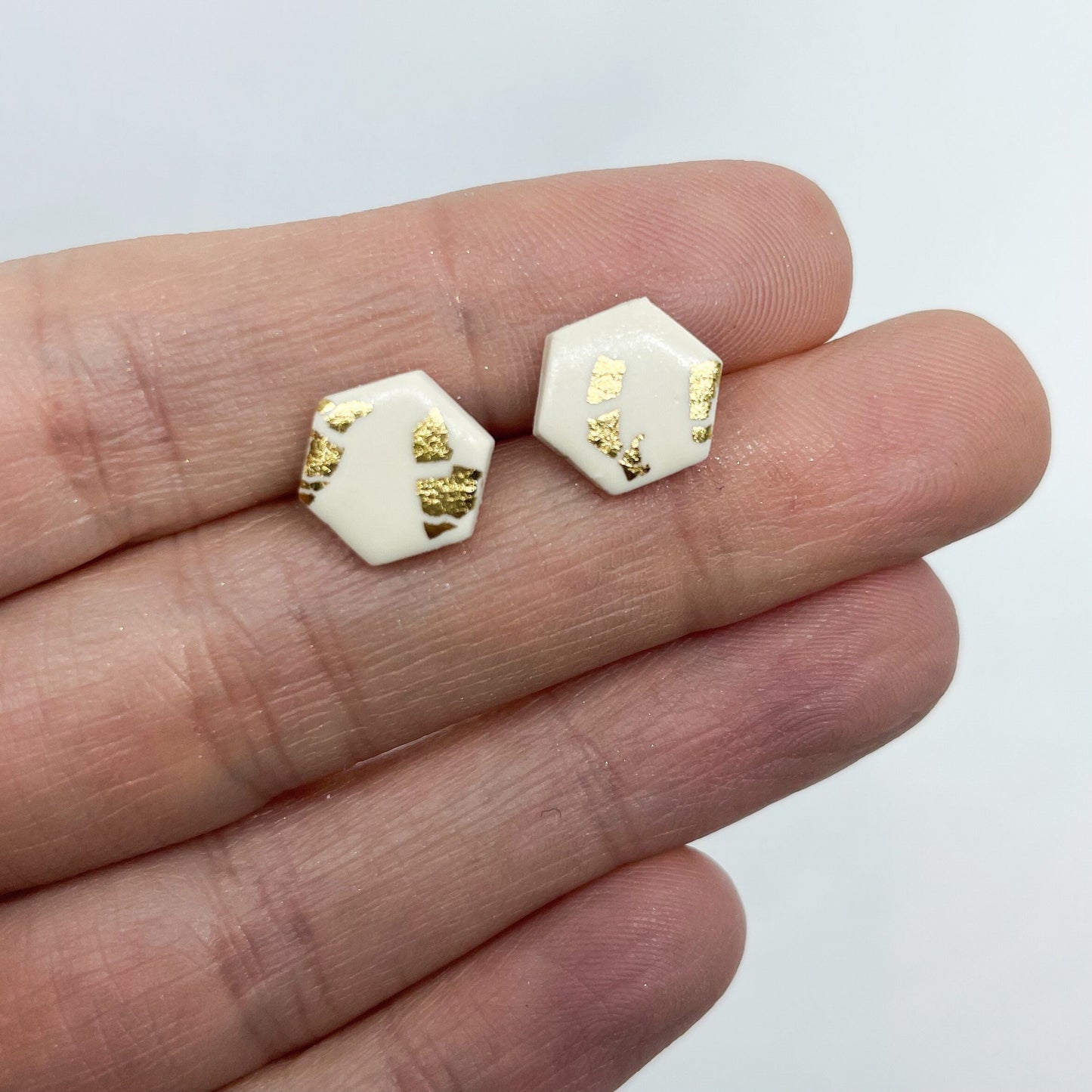 Cream and gold leaf polymer clay stud earrings, post box gift, best friend birthday gift, Mother’s Day gift, sister gift