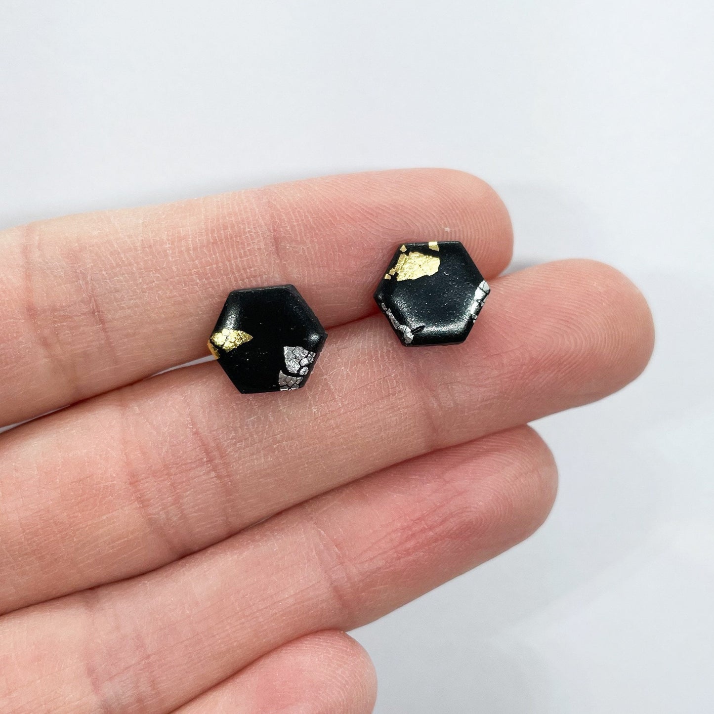 Black and gold leaf polymer clay stud earrings, hexagonal studs, post box gift, birthday gift for her, female friend gift, girlfriend gift.