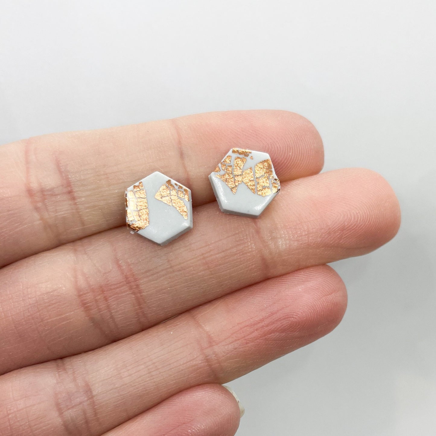 grey and rose gold leaf polymer clay stud earrings, handmade earrings, Christmas gift for her, best friend gift, girlfriend gift,