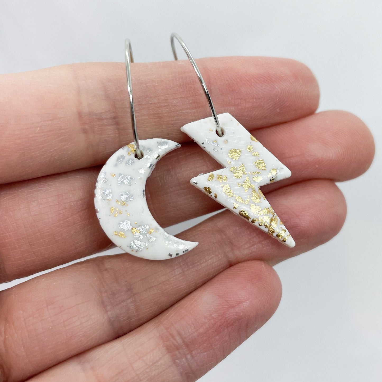 Handmade polymer clay lightening bolt and moon hoop earrings, beautiful birthday gift for her, post box gift, galentine gift, valentine gift