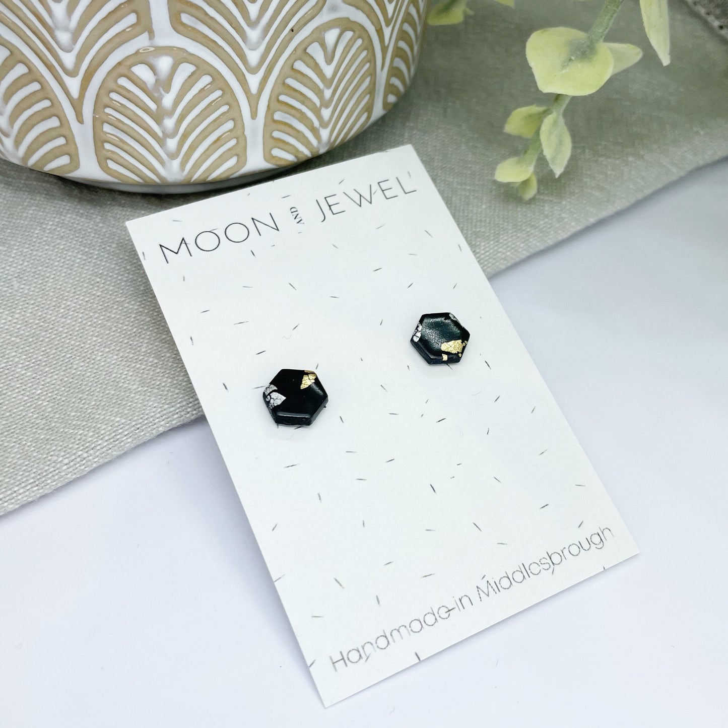 Black and gold leaf polymer clay stud earrings, hexagonal studs, post box gift, birthday gift for her, female friend gift, girlfriend gift.