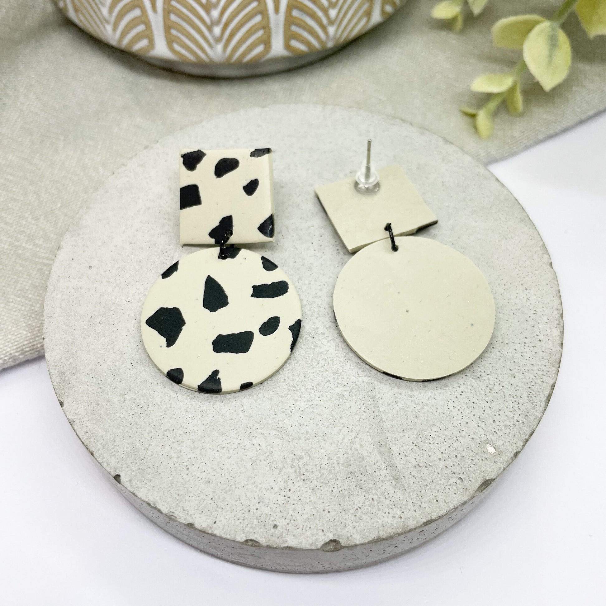 Polymer clay large dangle earrings, beige and black Dalmatian print, gift for her, best friend birthday gift, sister gift, valentines gift