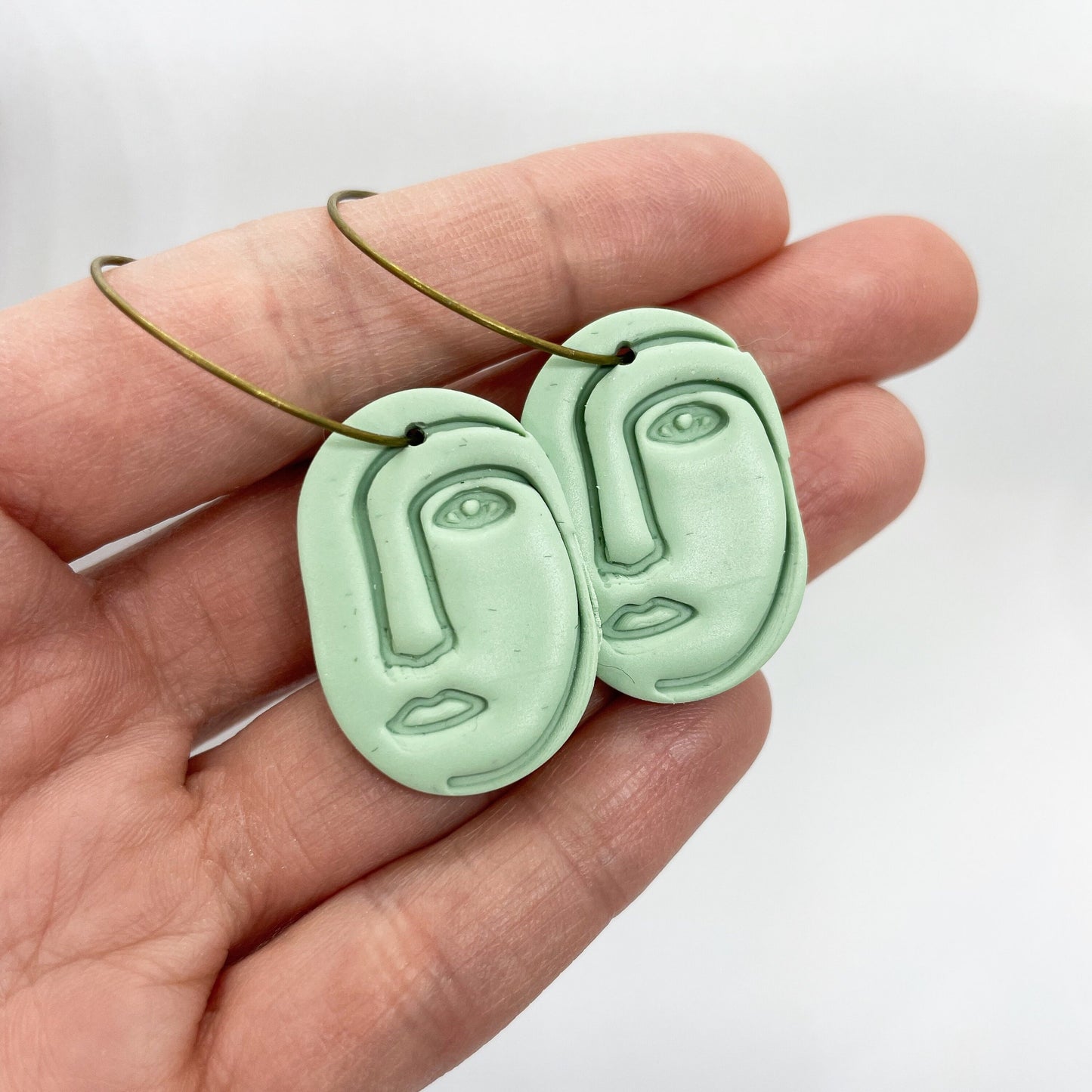 polymer clay face earrings, green embossed boho style hoop earrings, post box gift, best friend birthday gift, girlfriend gift,