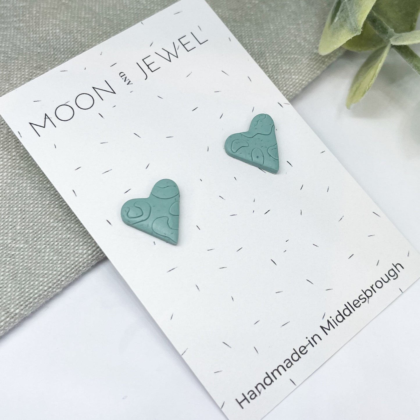 Heart earrings, green leopard print polymer clay stud earrings, best friend gift, birthday gift for her, post box gift