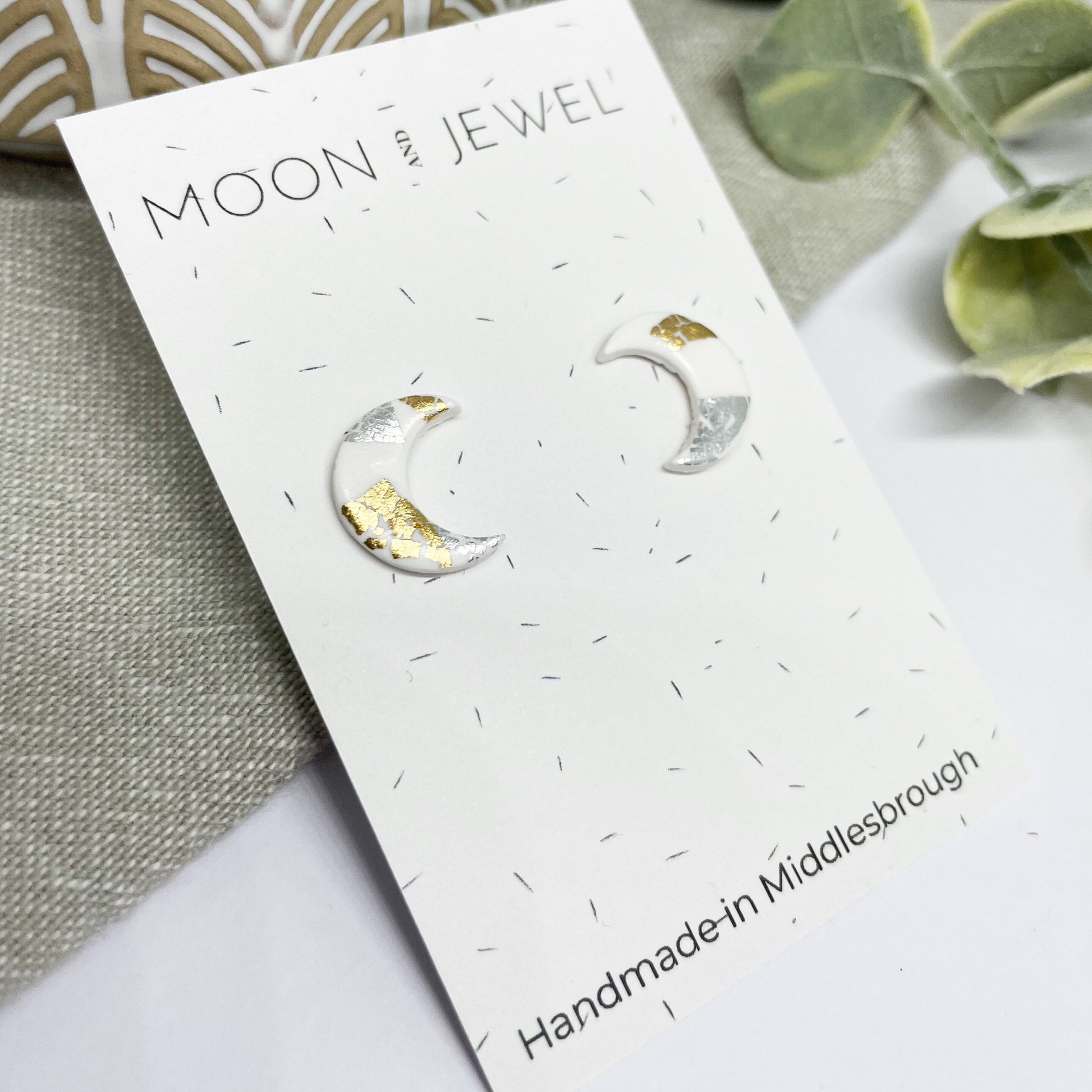 Moon earrings | polymer clay earrings | silver and gold leaf | post box gift, best friend birthday gift | girlfriend gift,