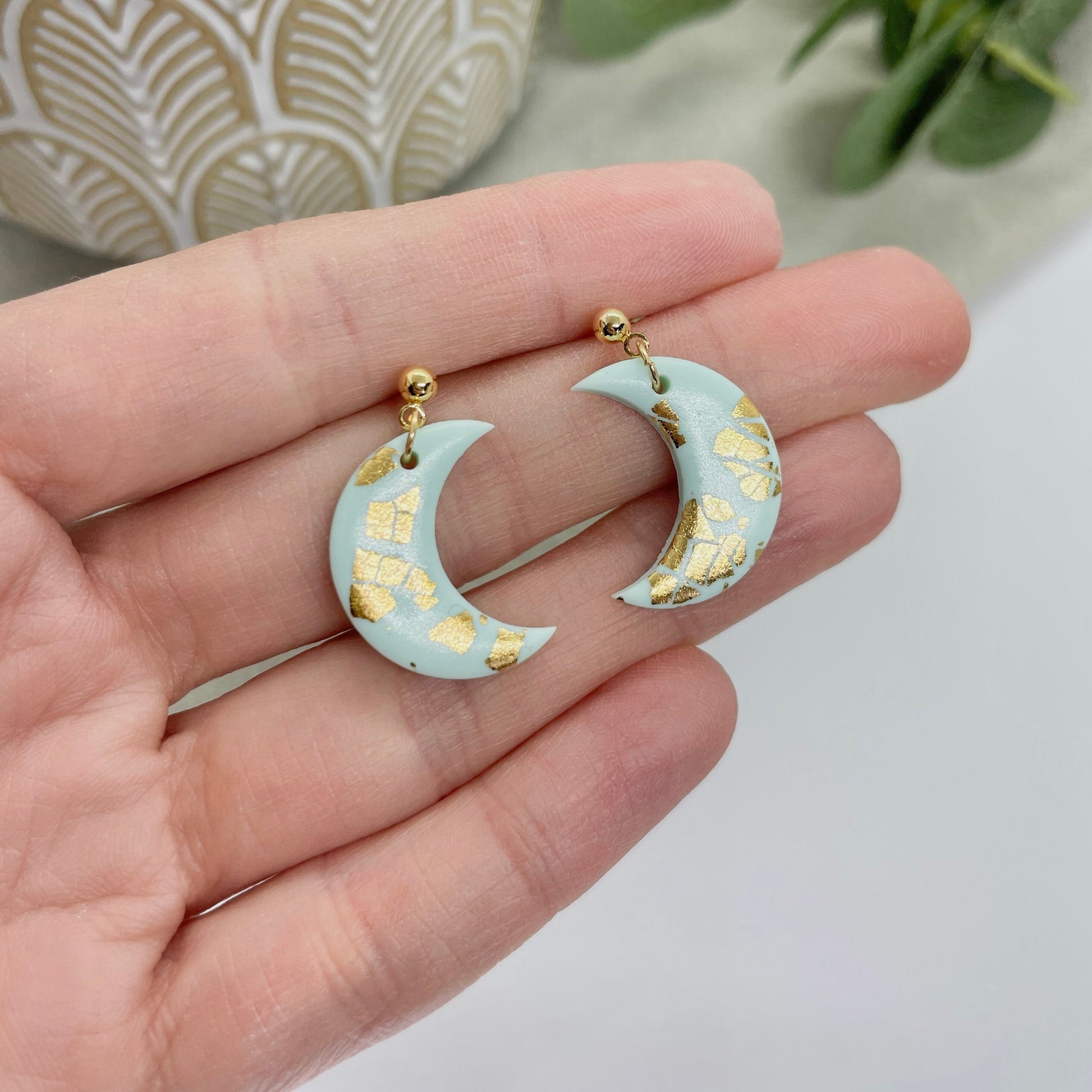 Polymer clay moon earrings, mint green and gold leaf, post box gift, best friend birthday gift, girlfriend gift, mum gift.