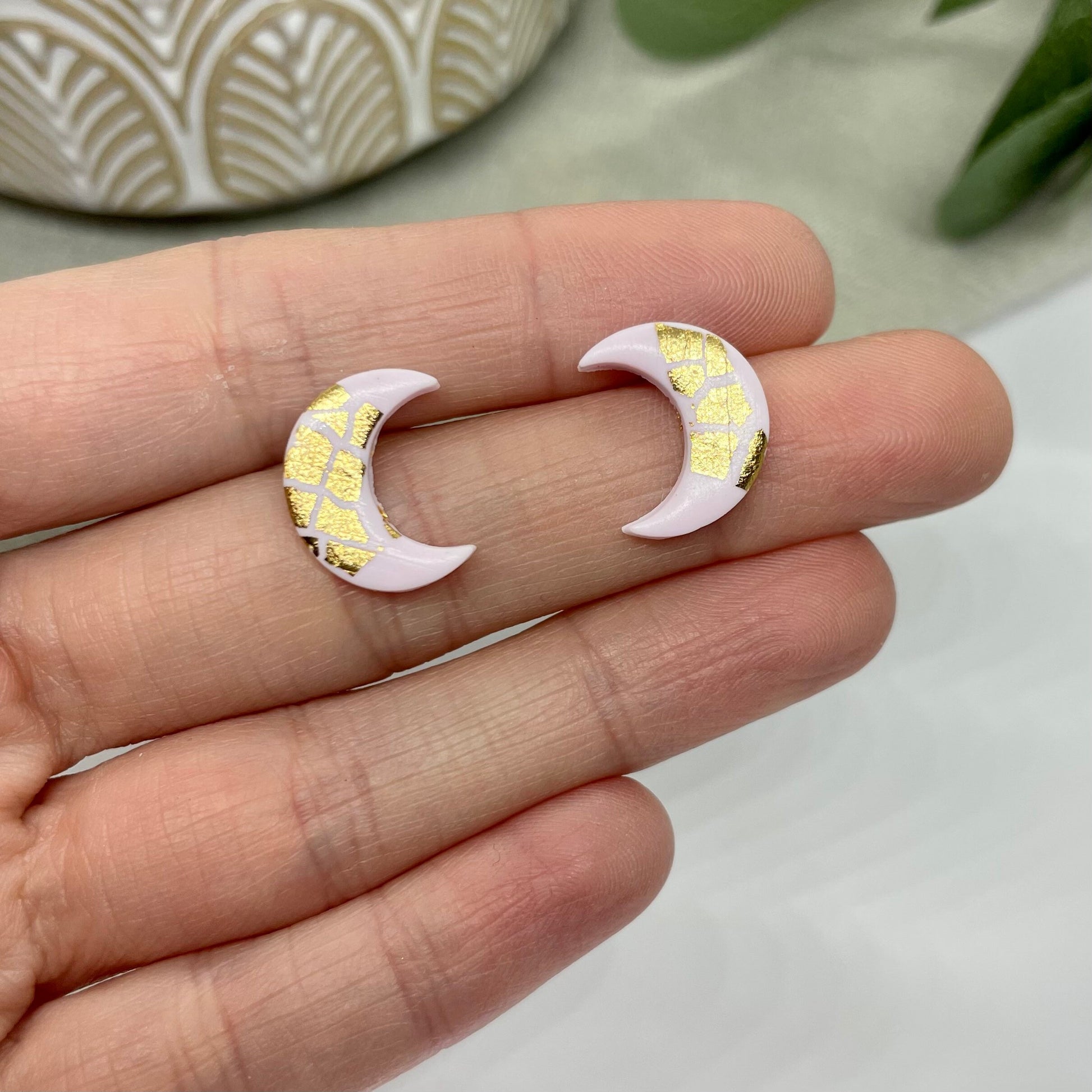 Moon earrings | polymer clay earrings | pink and gold leaf | post box gift, best friend birthday gift | girlfriend gift,
