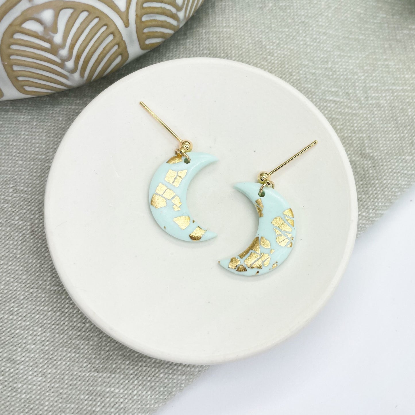 Polymer clay moon earrings, mint green and gold leaf, post box gift, best friend birthday gift, girlfriend gift, mum gift.