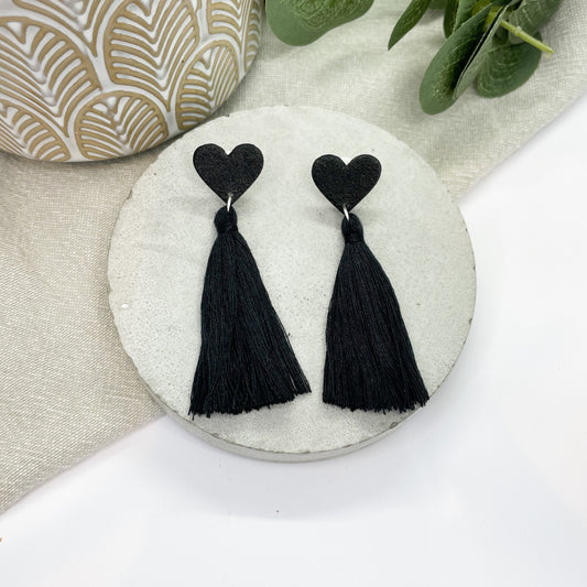 Tassel heart polymer clay earrings, black heart earrings, galentine’s gift, Valentine’s gift, post box gift, girlfriend gift,