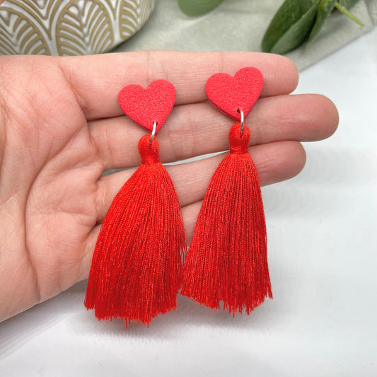 Tassel earrings, polymer clay heart earrings, post box gift, best friend birthday gift, girlfriend gift, bright earrings,