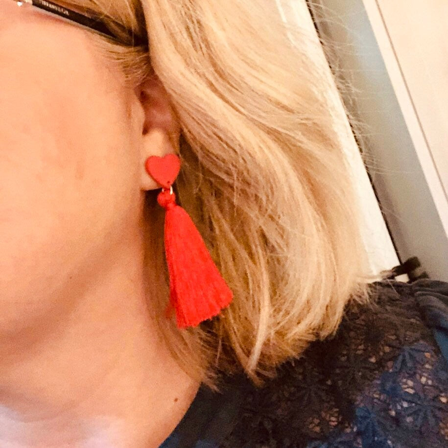 Tassel earrings, polymer clay heart earrings, post box gift, best friend birthday gift, girlfriend gift, bright earrings,