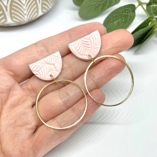 Hoop earrings, pink embossed polymer clay, brass hoop, post box gift, best friend birthday gift, girlfriend gift,