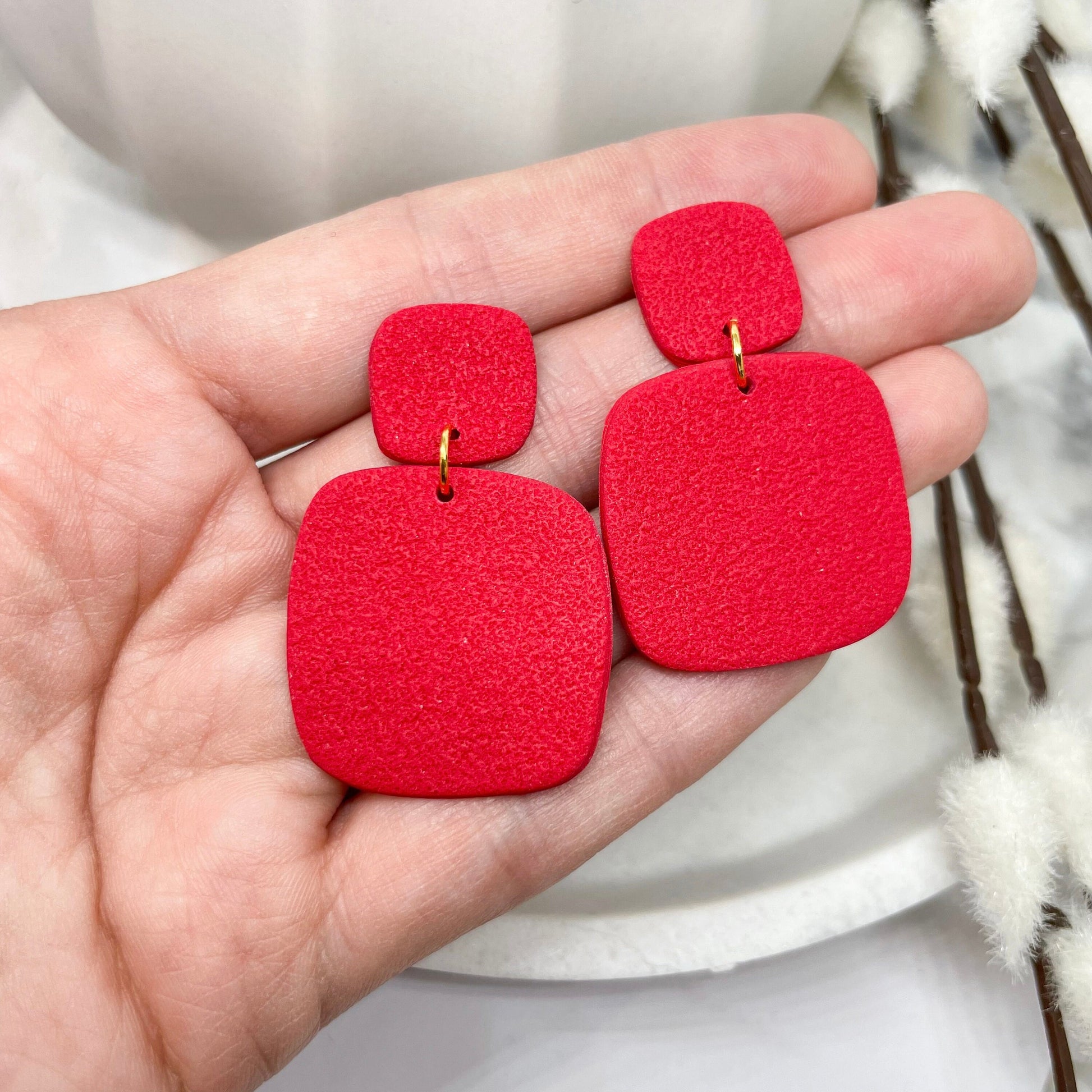 Red polymer clay large dangle earrings, gift for her, best friend birthday gift, sister gift, Christmas gift