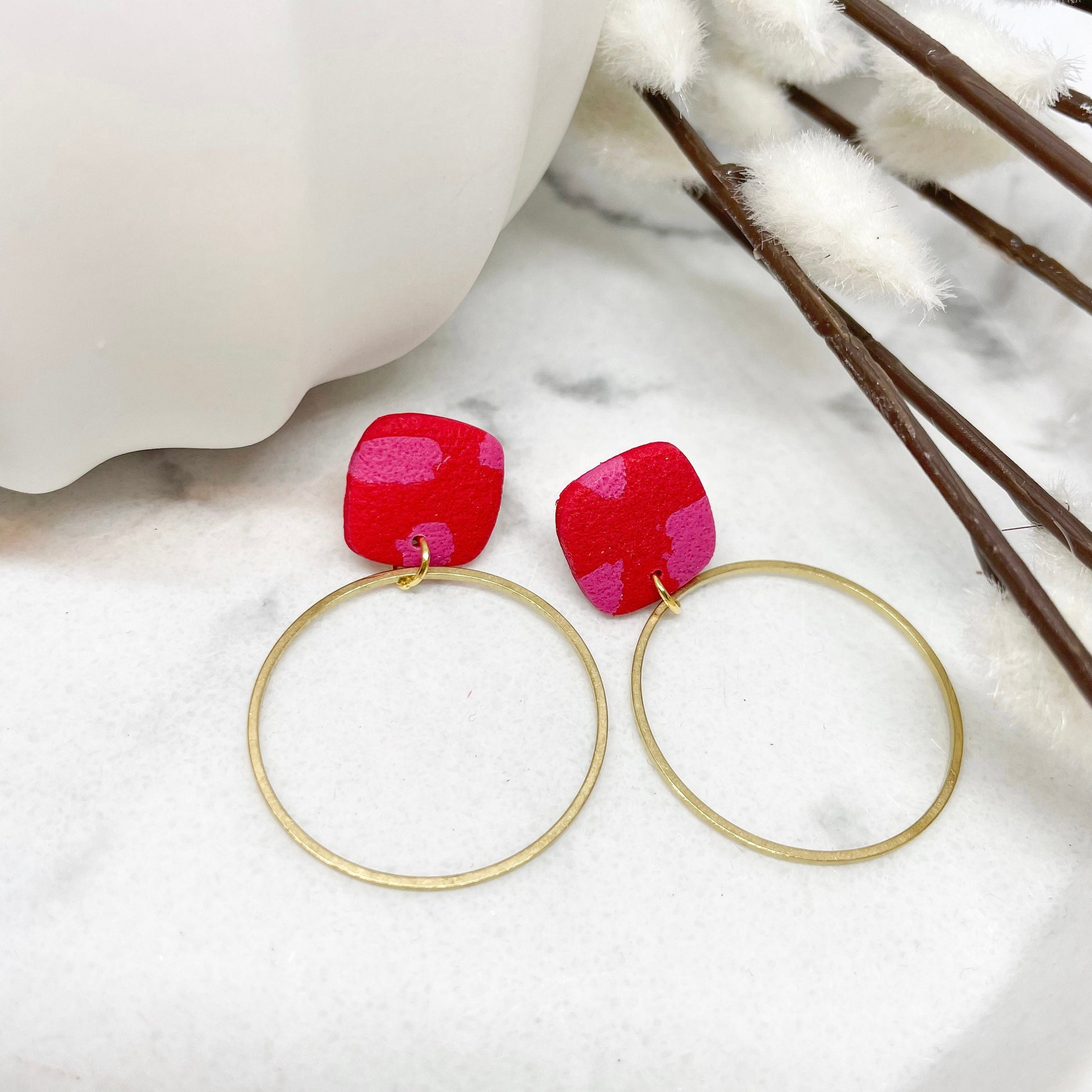 Hoop earrings, red and pink embossed polymer clay, brass hoop, post box gift, best friend birthday gift, girlfriend gift, Christmas gift