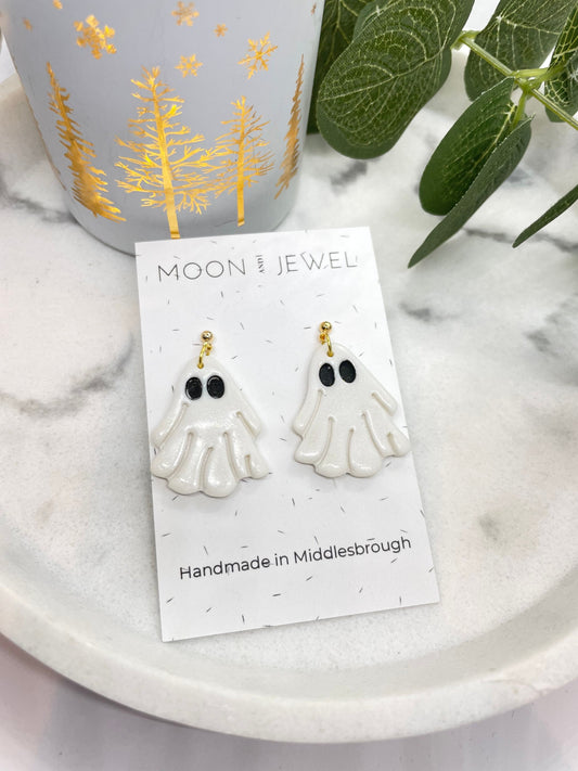 Ghost earrings, polymer clay dangles,  handmade earrings, Halloween earrings, clay earrings