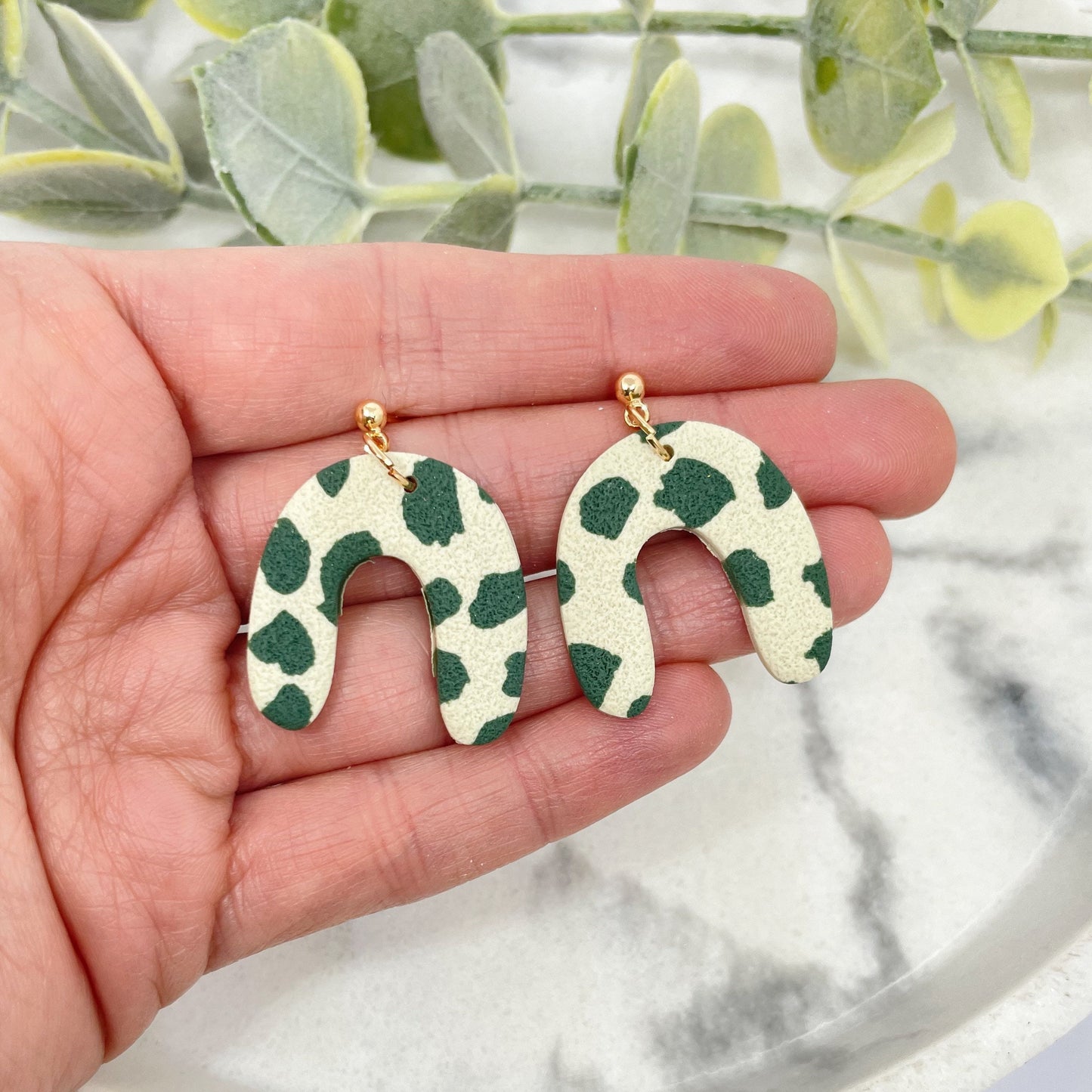 Green and white polymer clay dangle earrings, nickel free, post box gift, best friend birthday gift, girlfriend gift,