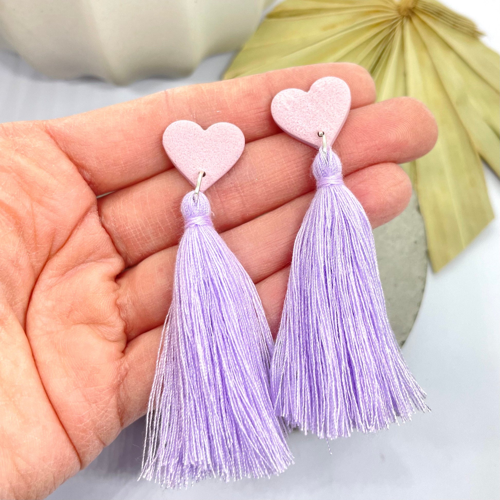 Pink and purple heart tassel earrings, polymer clay heart earrings, best friend birthday gift, girlfriend gift,