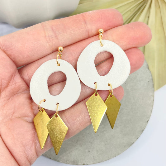 White polymer clay and brass dangle statement earrings, post box gift, best friend birthday gift, girlfriend gift,