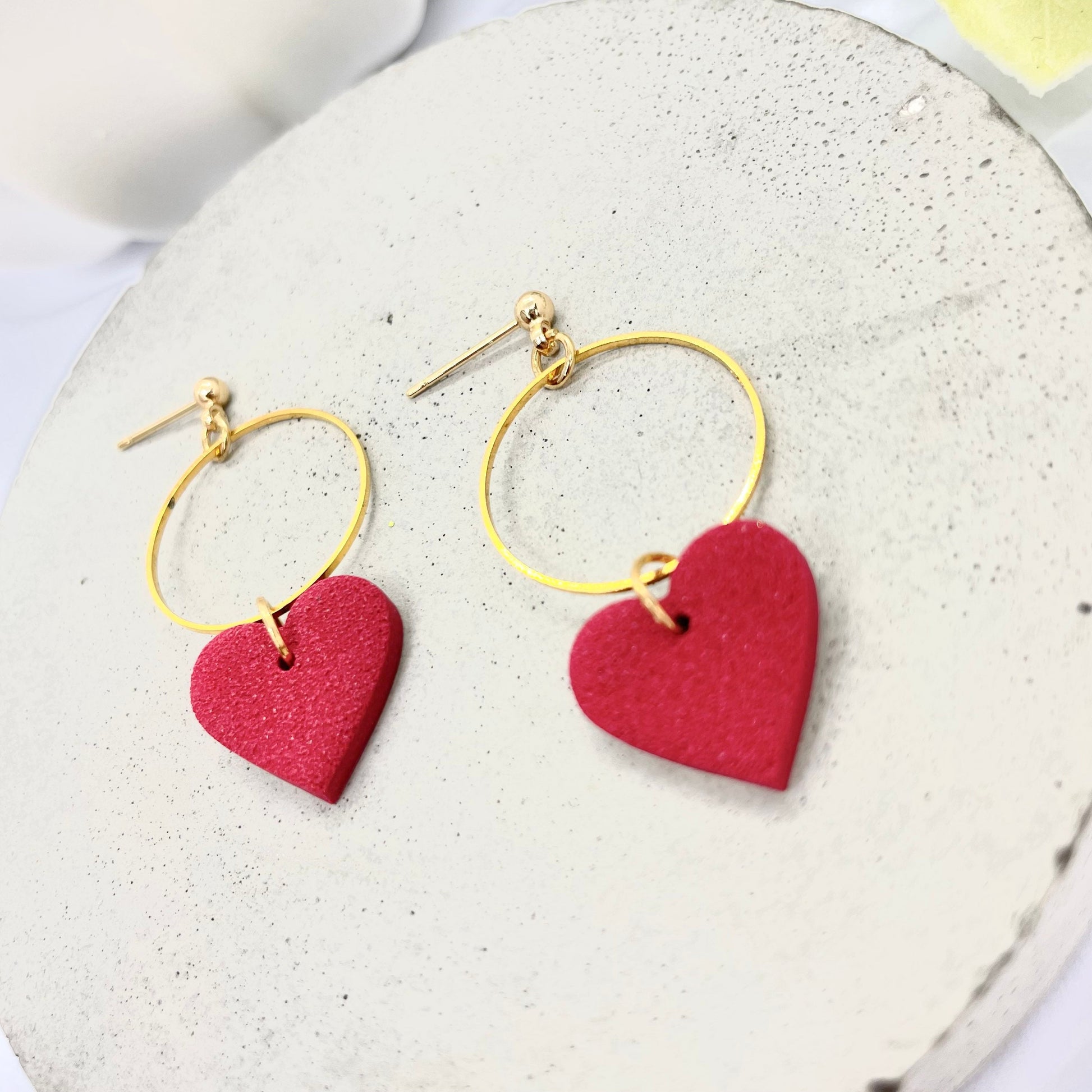 Dark red polymer clay heart brass hoop earrings, best friend birthday gift, girlfriend gift, sister gift, gift for her