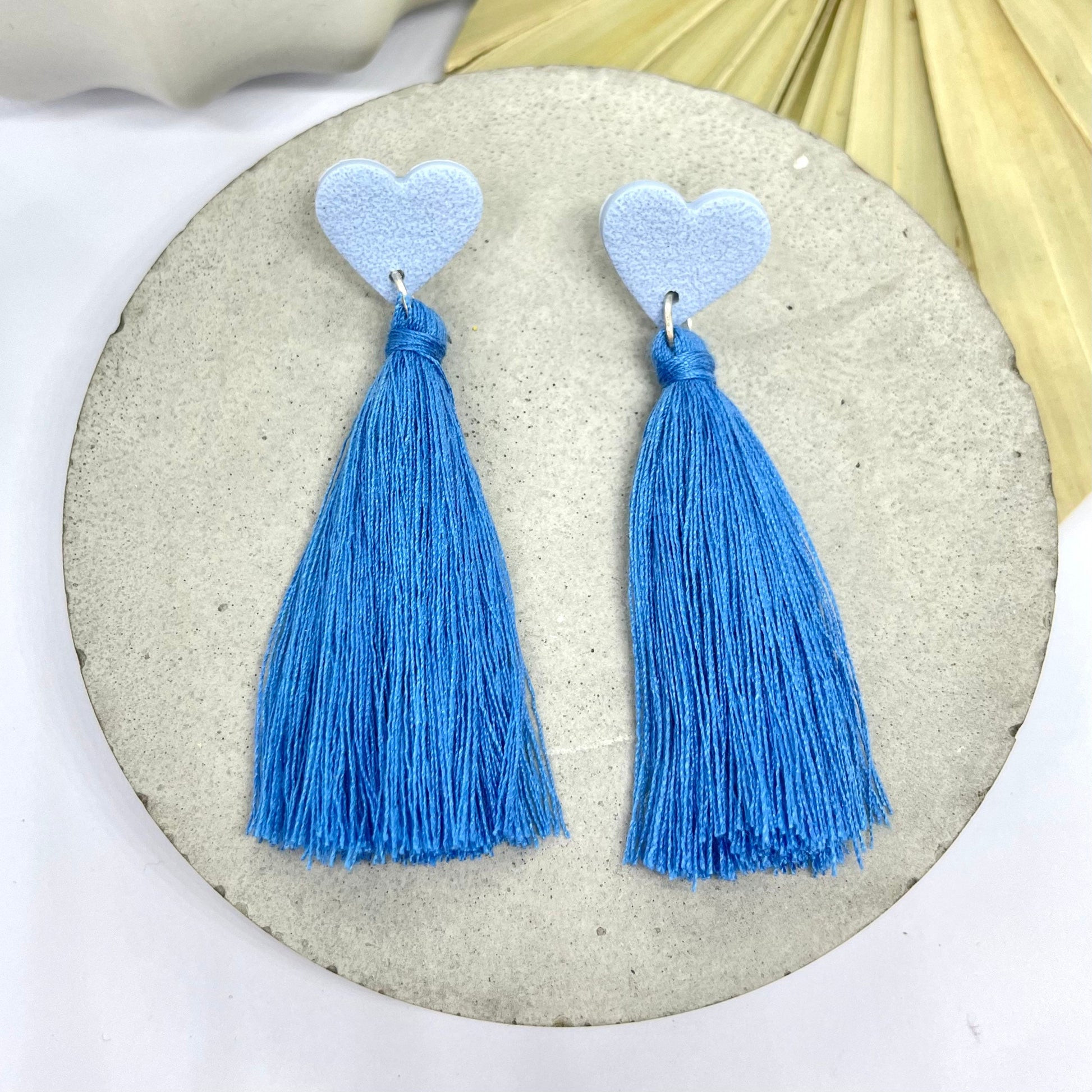 Blue heart tassel earrings, polymer clay heart earrings, best friend birthday gift, girlfriend gift,