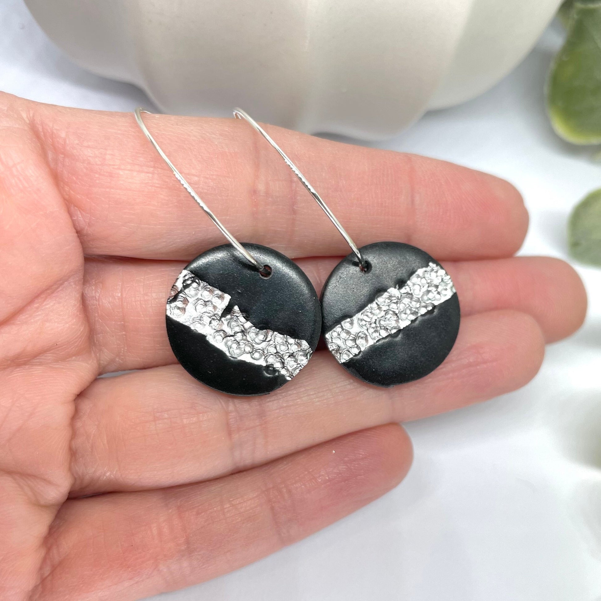 Black and silver polymer clay hoop earrings earrings, beautiful birthday gift for her, sister gift, friend gift, best friend gift