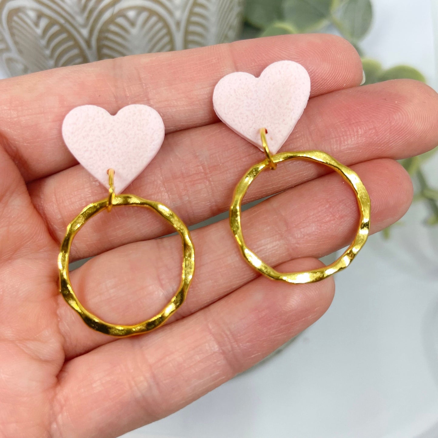 Pink heart brass hoop earrings, polymer clay dangle earrings, best friend birthday gift, girlfriend gift, beautiful gift for her