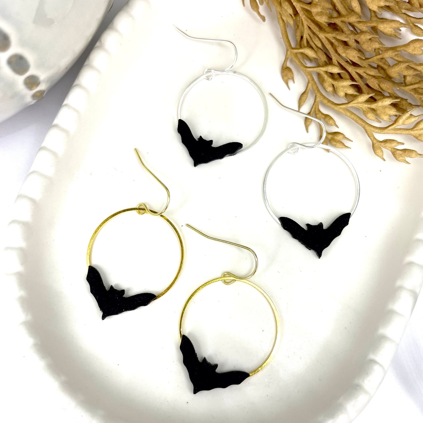 Bat earrings, polymer clay dangle earrings, handmade earrings, Halloween earrings, clay earrings