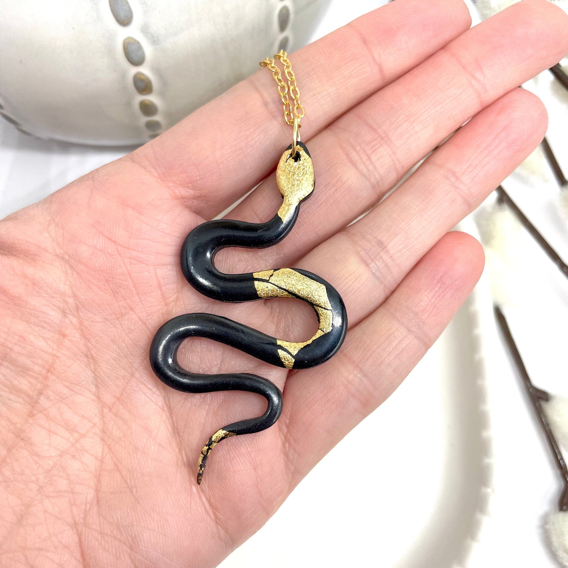 Black and gold snake necklace, polymer clay snake on gold plated chain, gothic jewellery, snake jewellery, Halloween jewellery,
