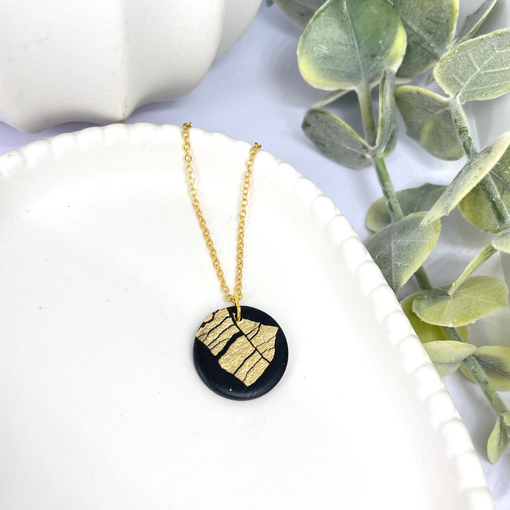 pendant necklace, beautiful handmade black and gold polymer clay necklace on gold plated chain, birthday gift for her, sister gift,