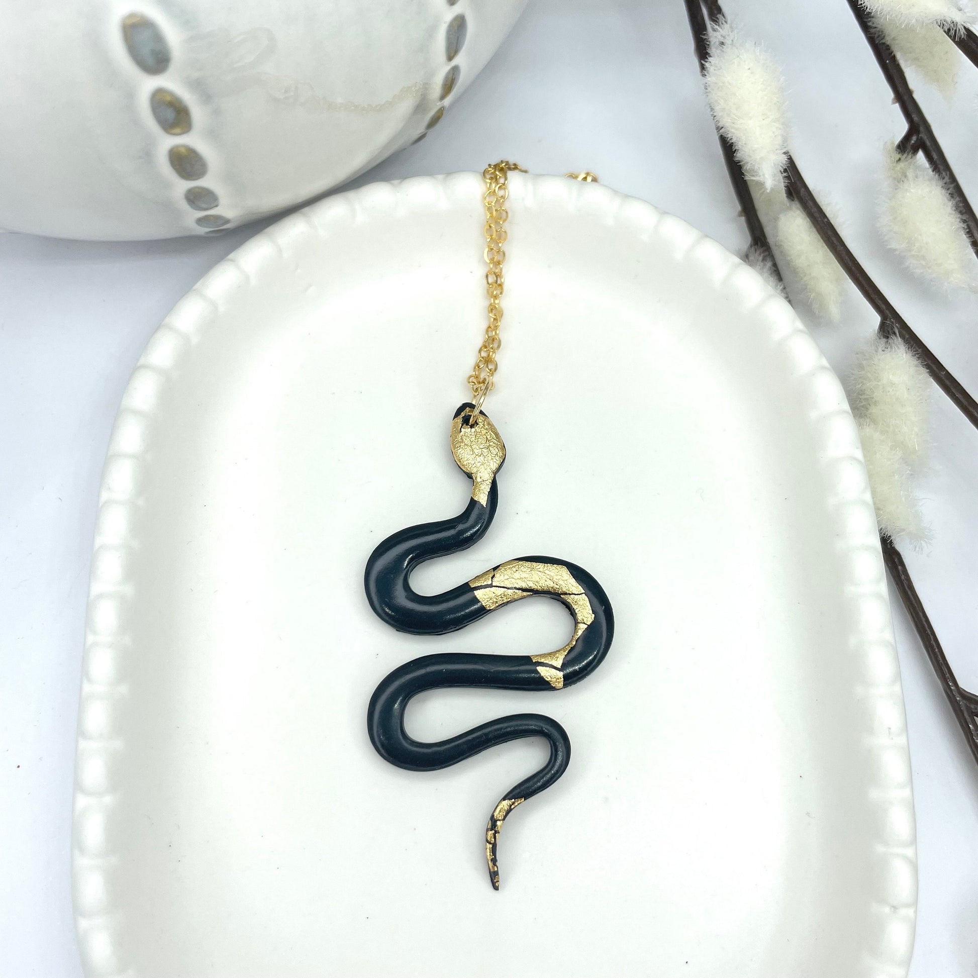 Black and gold snake necklace, polymer clay snake on gold plated chain, gothic jewellery, snake jewellery, Halloween jewellery,