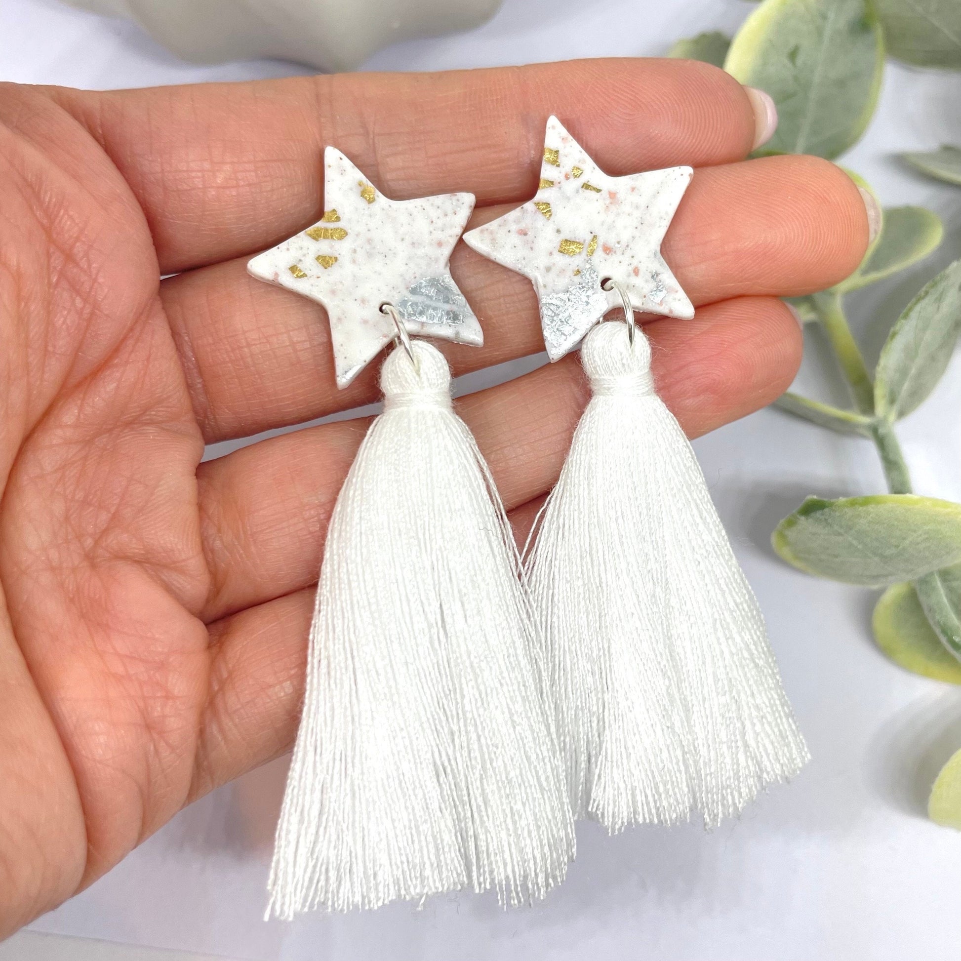 White star tassel polymer clay earrings, party earrings, New Year’s Eve sparkly earrings, birthday gift, girlfriend gift, daughter gift