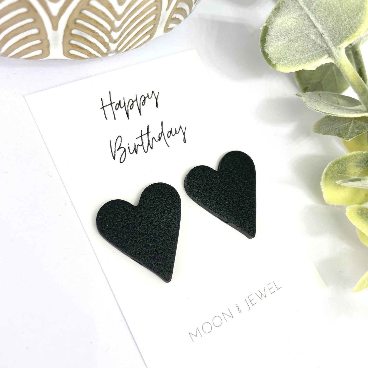 Black heart birthday earrings, polymer clay heart stud earrings, mum birthday gift, best friend birthday gift, sister birthday gift,