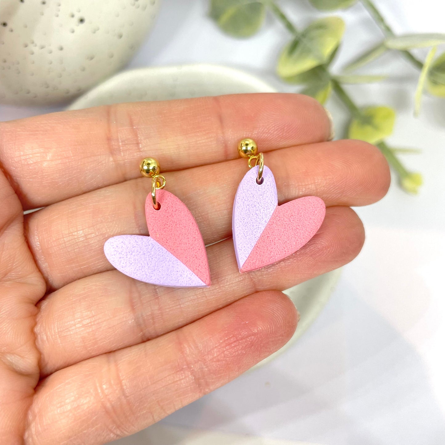 Heart dangle earrings, pink and lilac two tone earrings, Galentine’s gift for her, girlfriend gift, wife gift, Valentine’s jewellery,