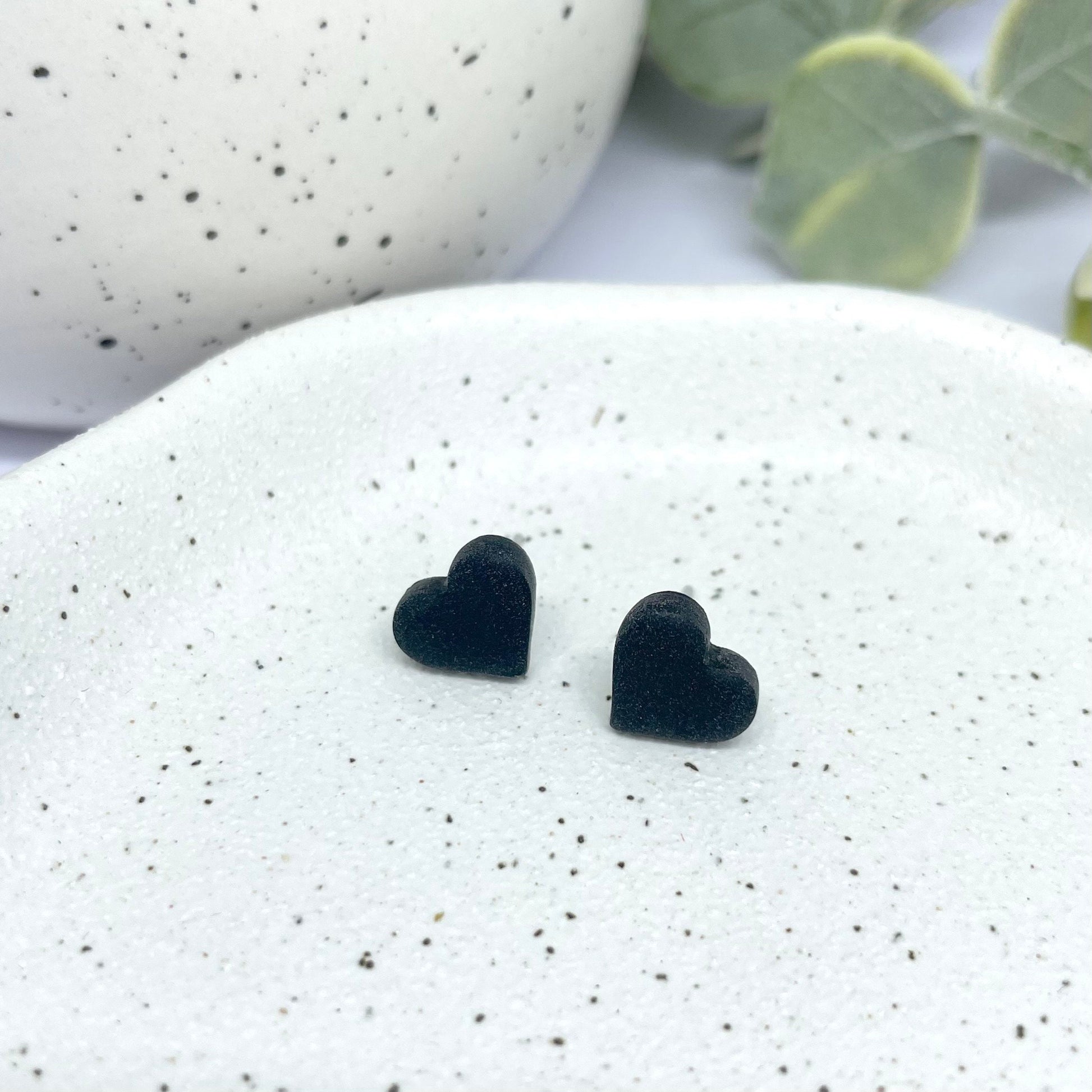Black heart stud earrings, tiny polymer clay studs, daughter birthday gift, best friend birthday gift, small earrings,
