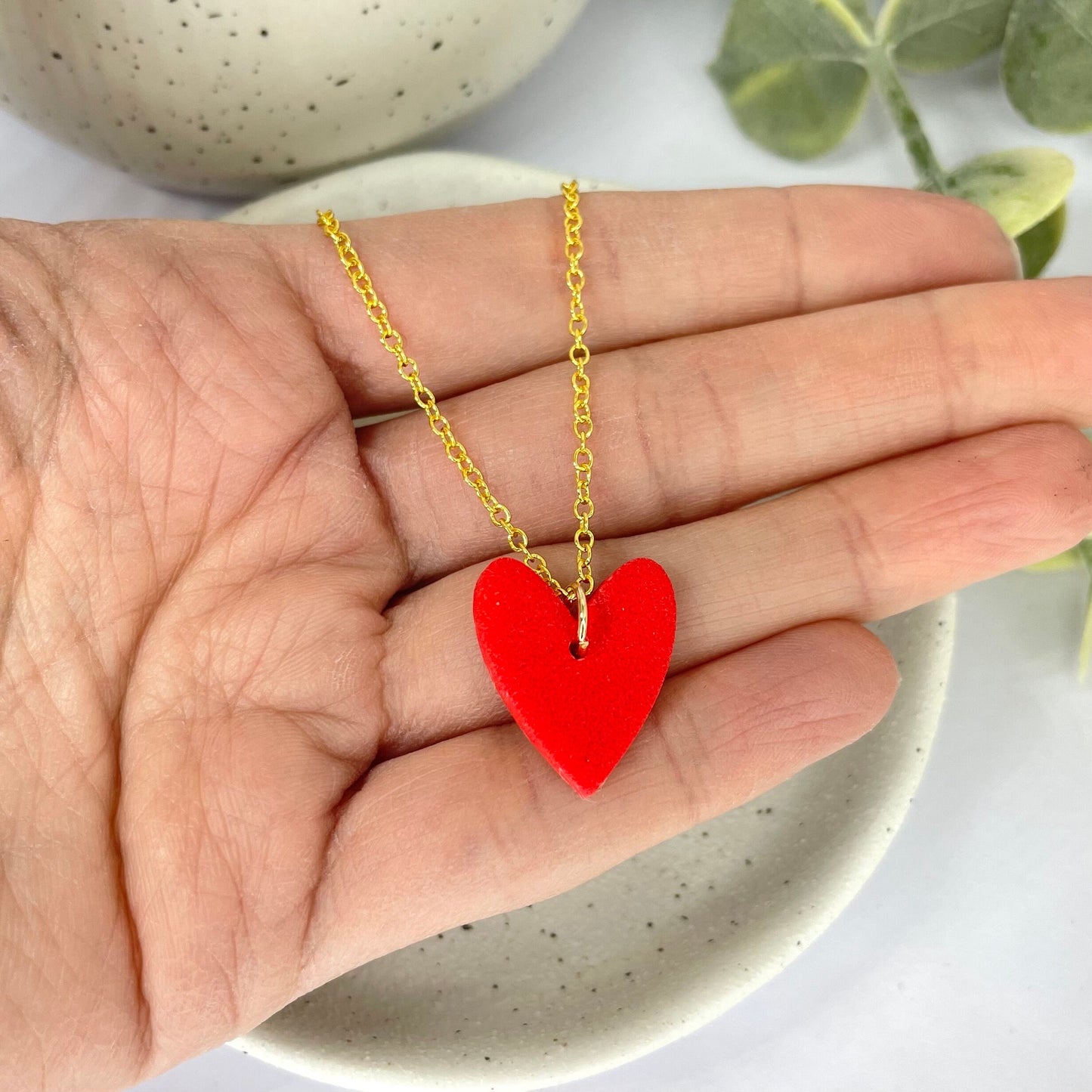 Red heart necklace, Valentine’s gift for her, heart shaped polymer clay necklace on 18k gold plated chain, wife gift, girlfriend gift