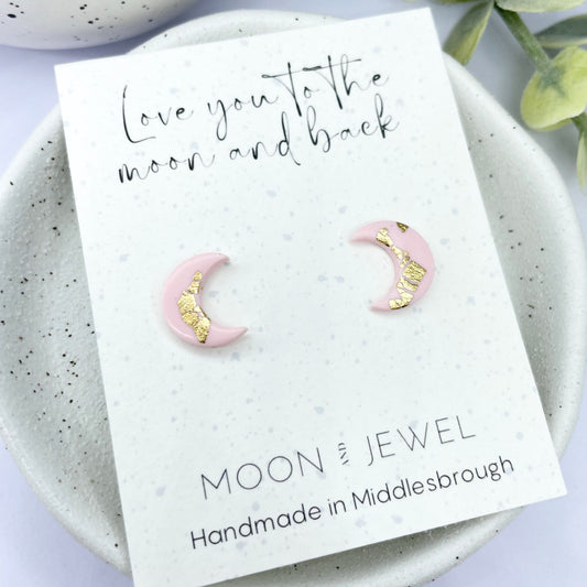 Love you to the moon and back stud earrings, girlfriend gift, sentiment gift, wife gift, personalised message jewellery, pink moon studs,