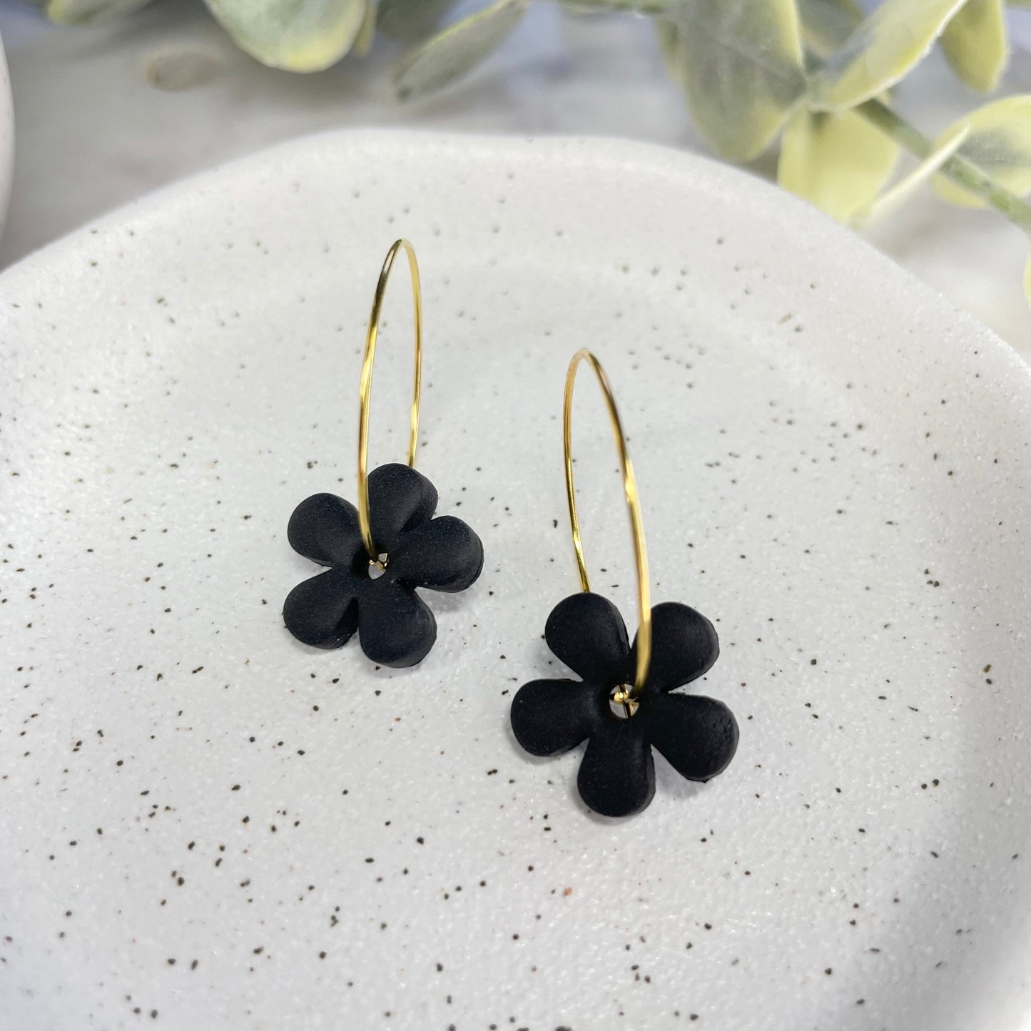 Black flower hoop earrings, polymer clay flower earrings, beautiful birthday gift for her, post box gift, daughter gift, sister gift