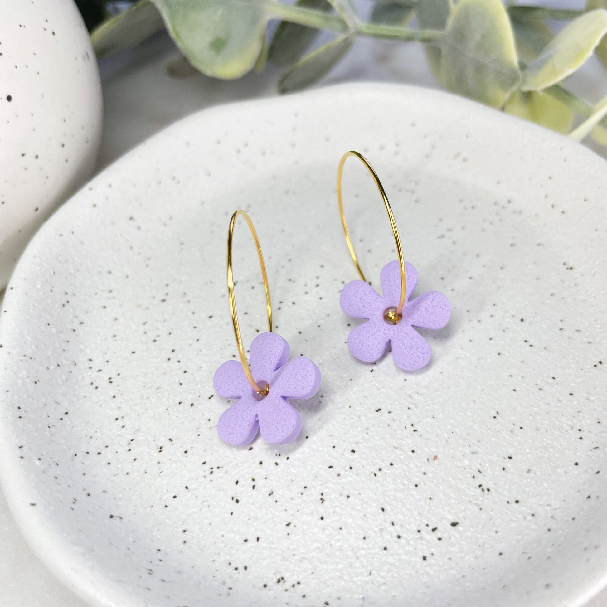 Lilac polymer clay flower earrings, hoop earrings, beautiful birthday gift for her, post box gift, best friend gift, sister gift