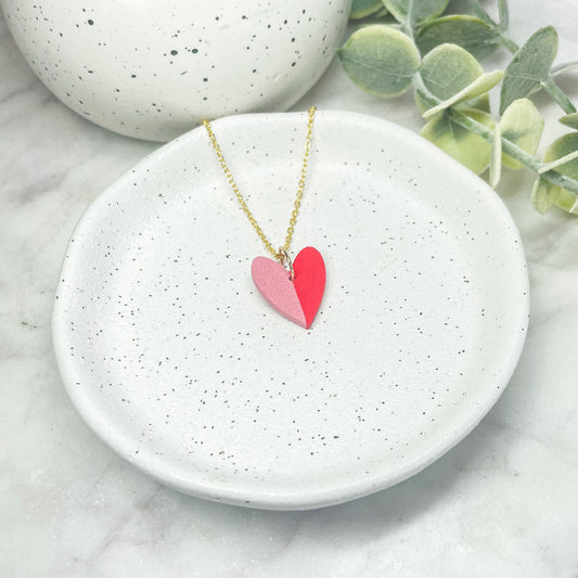 Beautiful handmade two tone heart shaped polymer clay necklace on 18k gold plated chain, gift for her, best friend gift, sister gift,