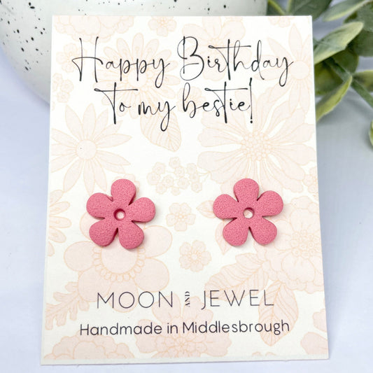 Happy Birthday Bestie earrings, Best Friend birthday gift, pink flower studs, special friend gift, friend earrings