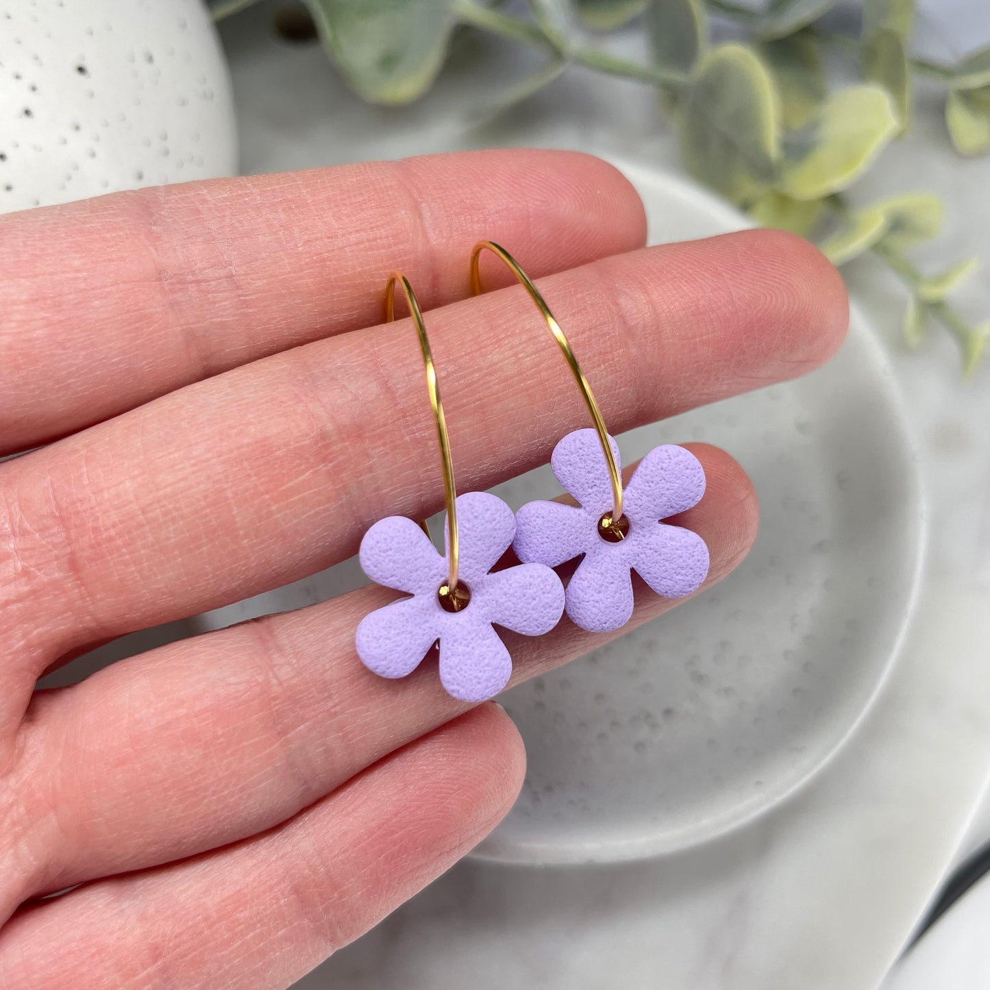 Lilac polymer clay flower earrings, hoop earrings, beautiful birthday gift for her, post box gift, best friend gift, sister gift