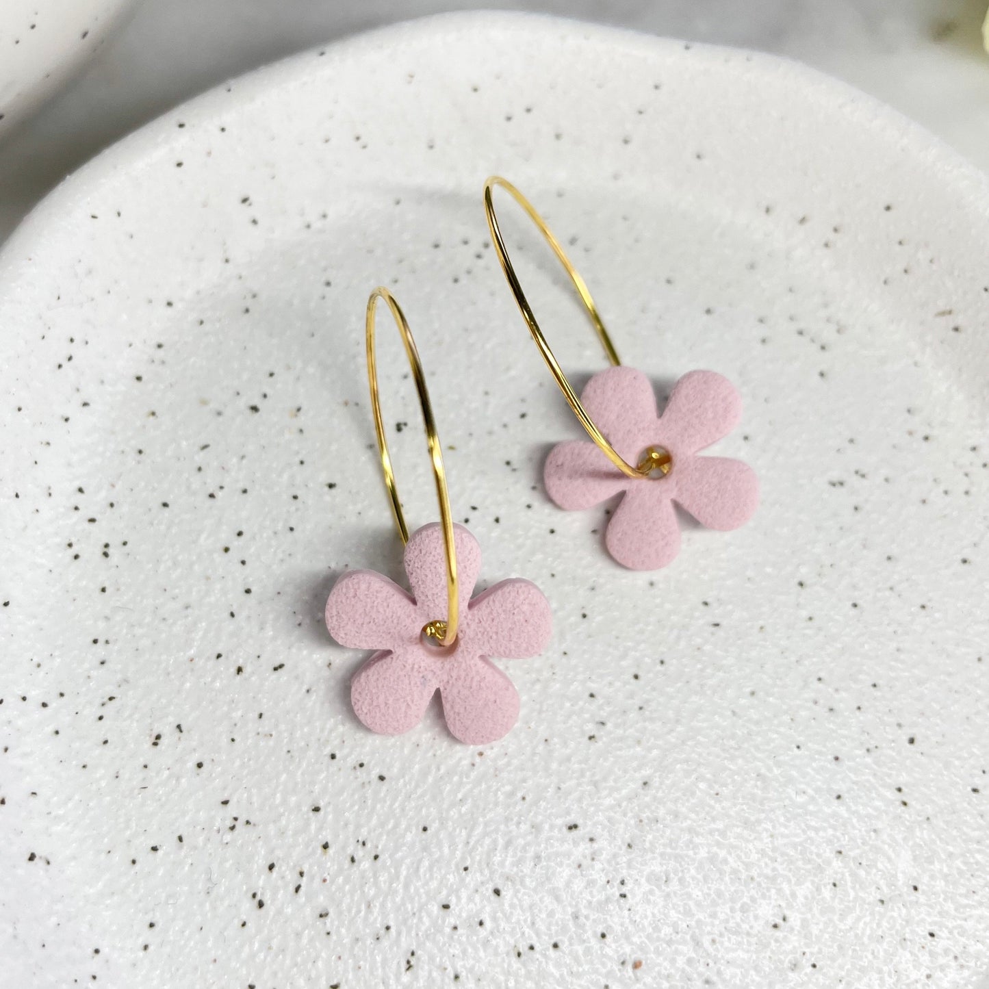 Handmade polymer clay flower earrings, hoop earrings, beautiful birthday gift for her, post box gift, pink flower earrings