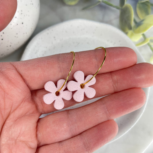 Handmade polymer clay flower earrings, hoop earrings, beautiful birthday gift for her, post box gift, pink flower earrings