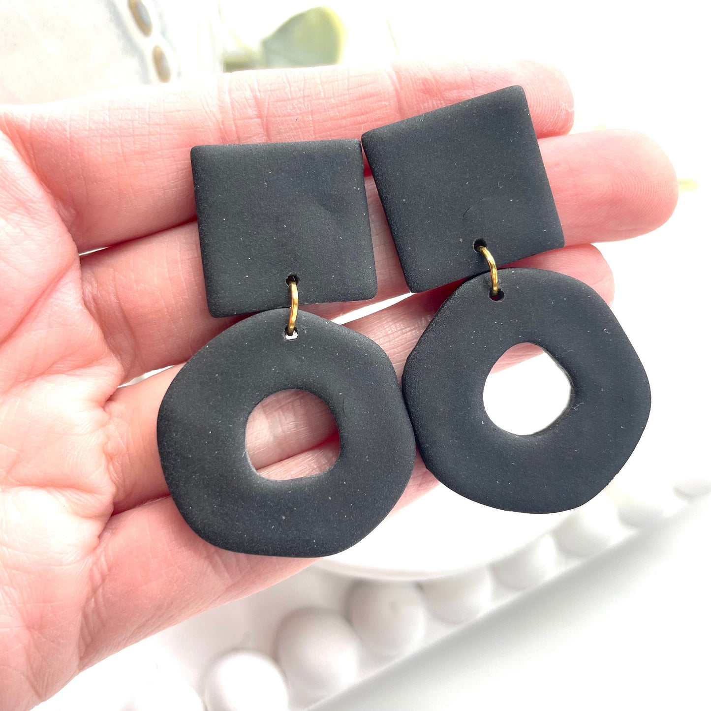 Black statement geometric dangle earrings, polymer clay earrings, post box gift, best friend birthday