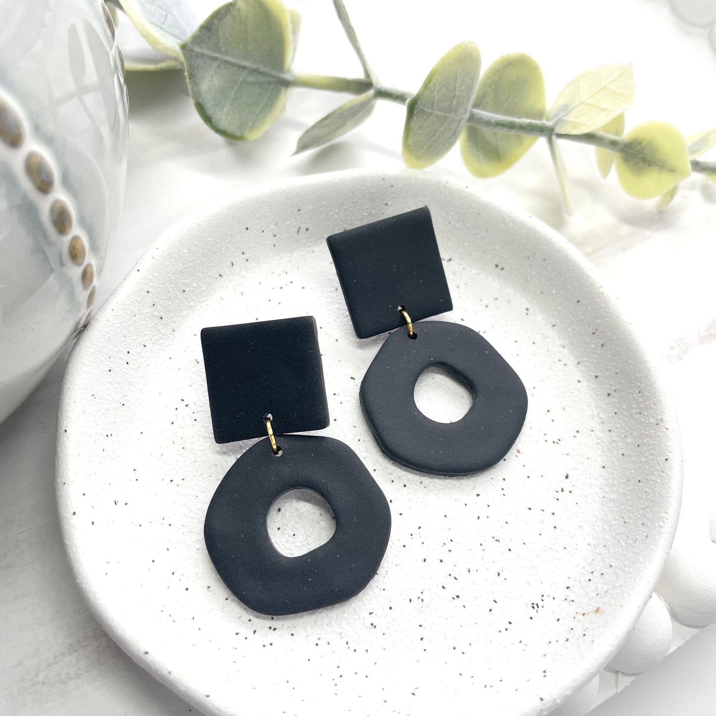 Black statement geometric dangle earrings, polymer clay earrings, post box gift, best friend birthday