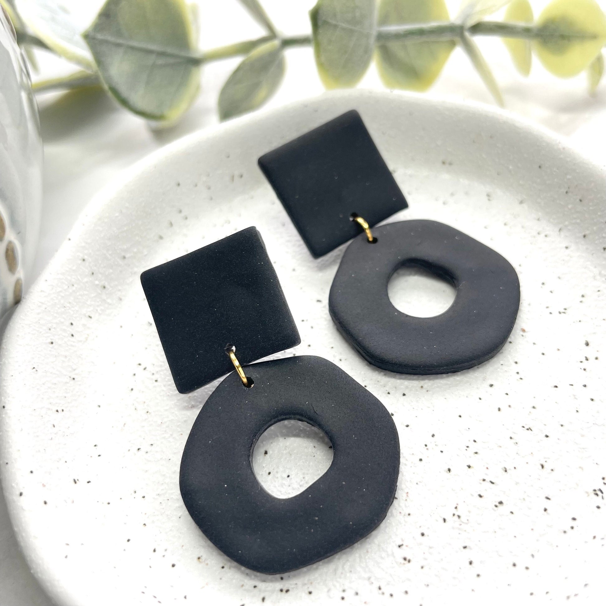 Black statement geometric dangle earrings, polymer clay earrings, post box gift, best friend birthday