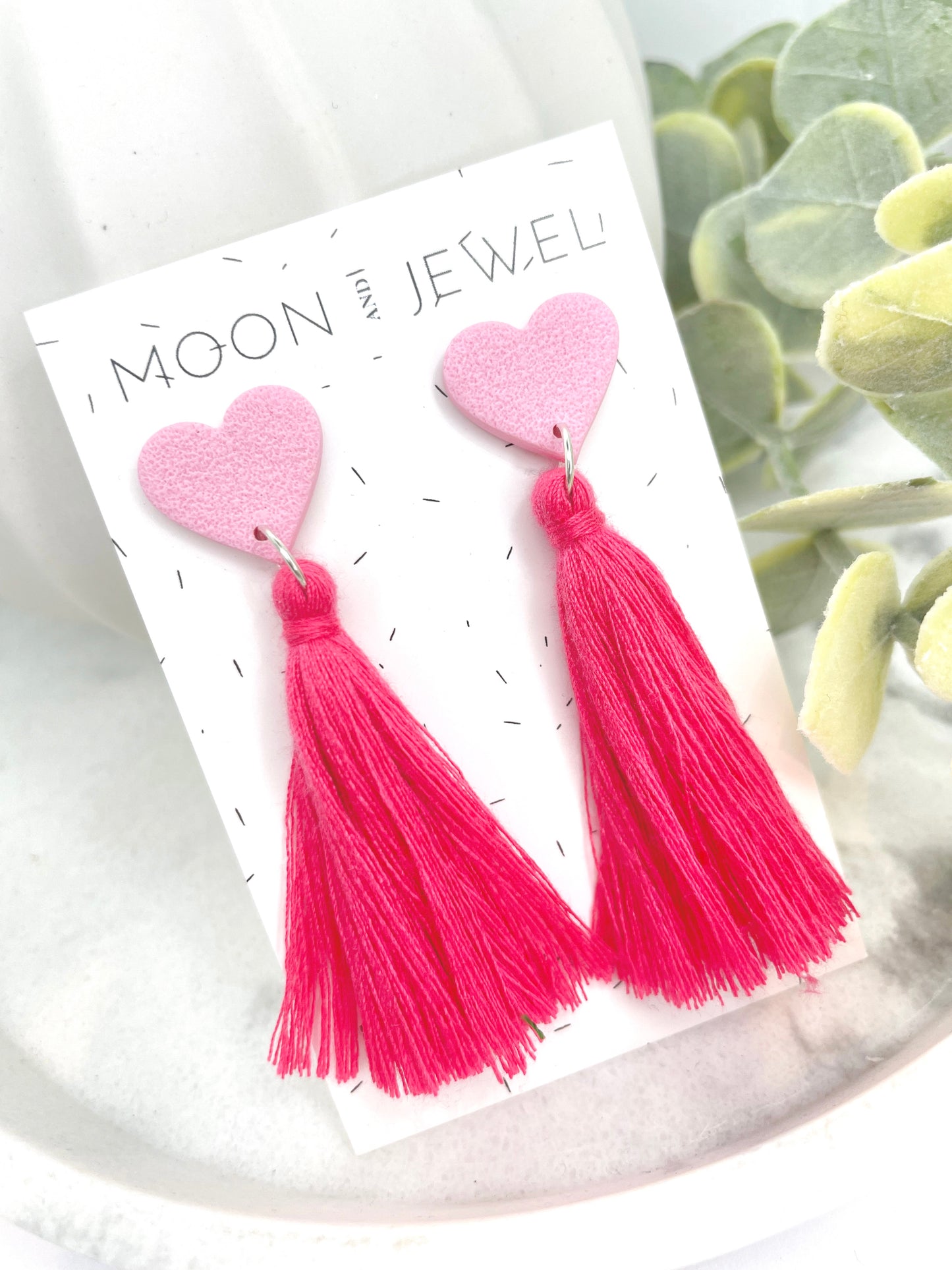Pink heart, tassel earrings