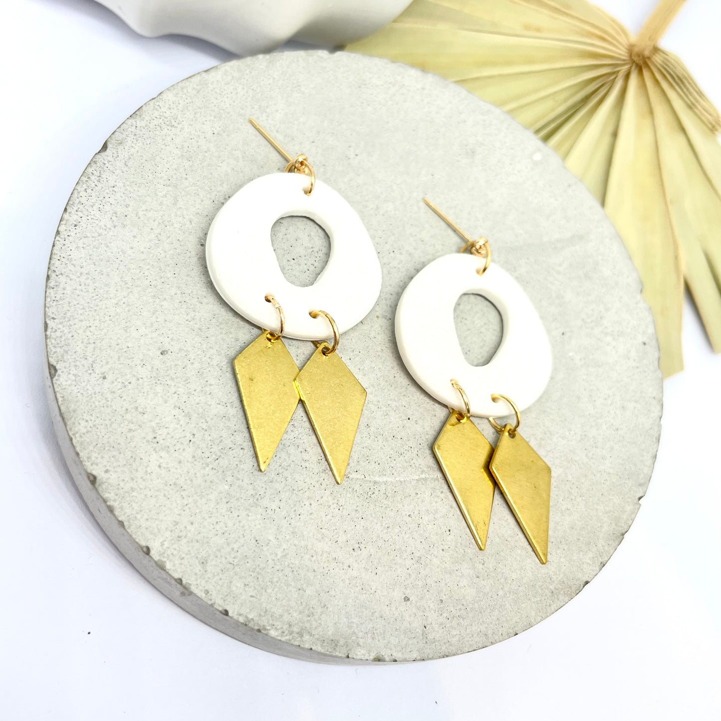 White polymer clay and brass dangle statement earrings, post box gift, best friend birthday gift, girlfriend gift,