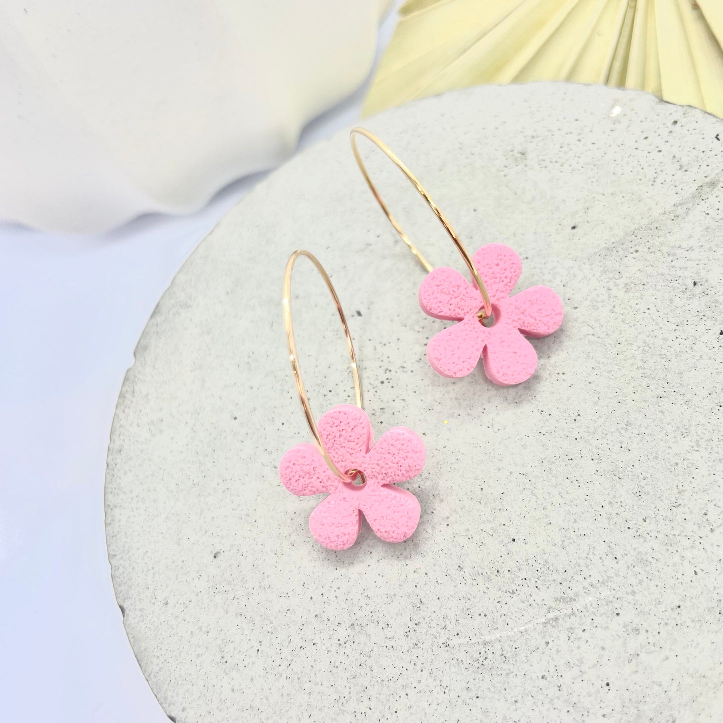 Handmade polymer clay flower earrings, hoop earrings, beautiful birthday gift for her, post box gift, pink flower earrings